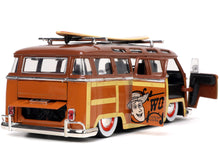 Load image into Gallery viewer, Volkswagen T1 Bus Brown with Graphics &quot;Sheriff Woody&quot; and Woody Diecast Figure and Surfboard &quot;Toy Story&quot; (1995) Movie &quot;Hollywood Rides&quot; Series 1/24 Diecast Model Car by Jada Jada
