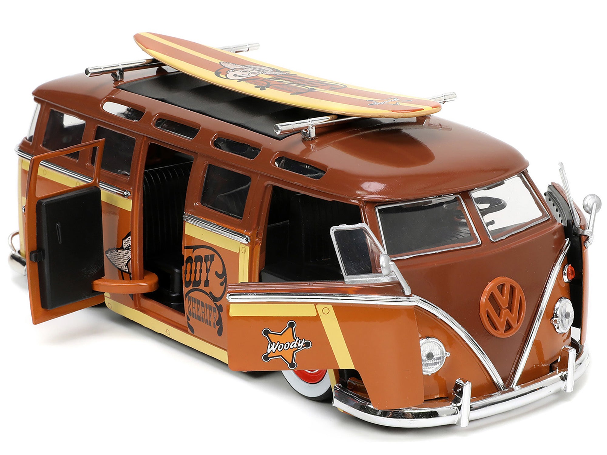 Volkswagen T1 Bus Brown with Graphics "Sheriff Woody" and Woody Diecast Figure and Surfboard "Toy Story" (1995) Movie "Hollywood Rides" Series 1/24 Diecast Model Car by Jada Jada