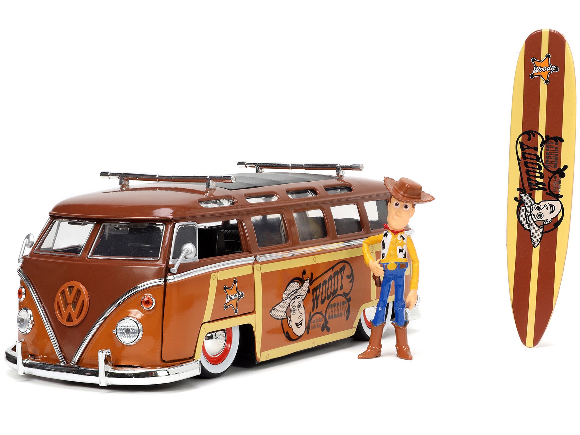 Volkswagen T1 Bus Brown with Graphics "Sheriff Woody" and Woody Diecast Figure and Surfboard "Toy Story" (1995) Movie "Hollywood Rides" Series 1/24 Diecast Model Car by Jada Jada