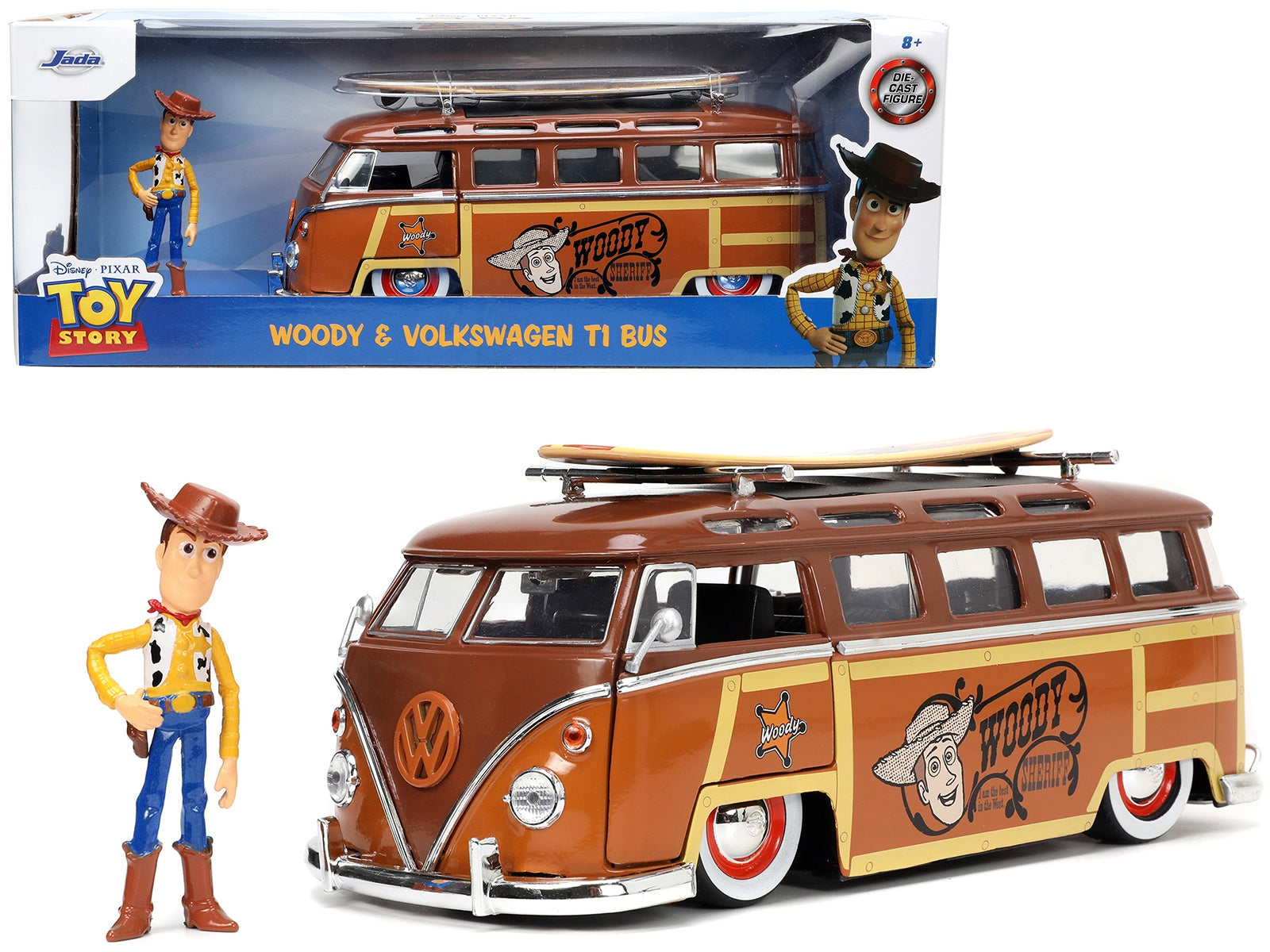 Volkswagen T1 Bus Brown with Graphics "Sheriff Woody" and Woody Diecast Figure and Surfboard "Toy Story" (1995) Movie "Hollywood Rides" Series 1/24 Diecast Model Car by Jada Jada