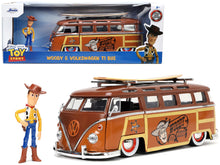 Load image into Gallery viewer, Volkswagen T1 Bus Brown with Graphics &quot;Sheriff Woody&quot; and Woody Diecast Figure and Surfboard &quot;Toy Story&quot; (1995) Movie &quot;Hollywood Rides&quot; Series 1/24 Diecast Model Car by Jada Jada
