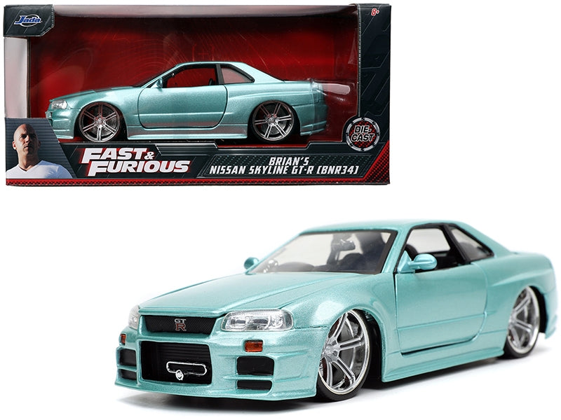 Brian's Nissan Skyline GT-R (BNR34) RHD (Right Hand Drive) Turquoise Metallic "Fast & Furious" Movie 1/24 Diecast Model Car by Jada Jada