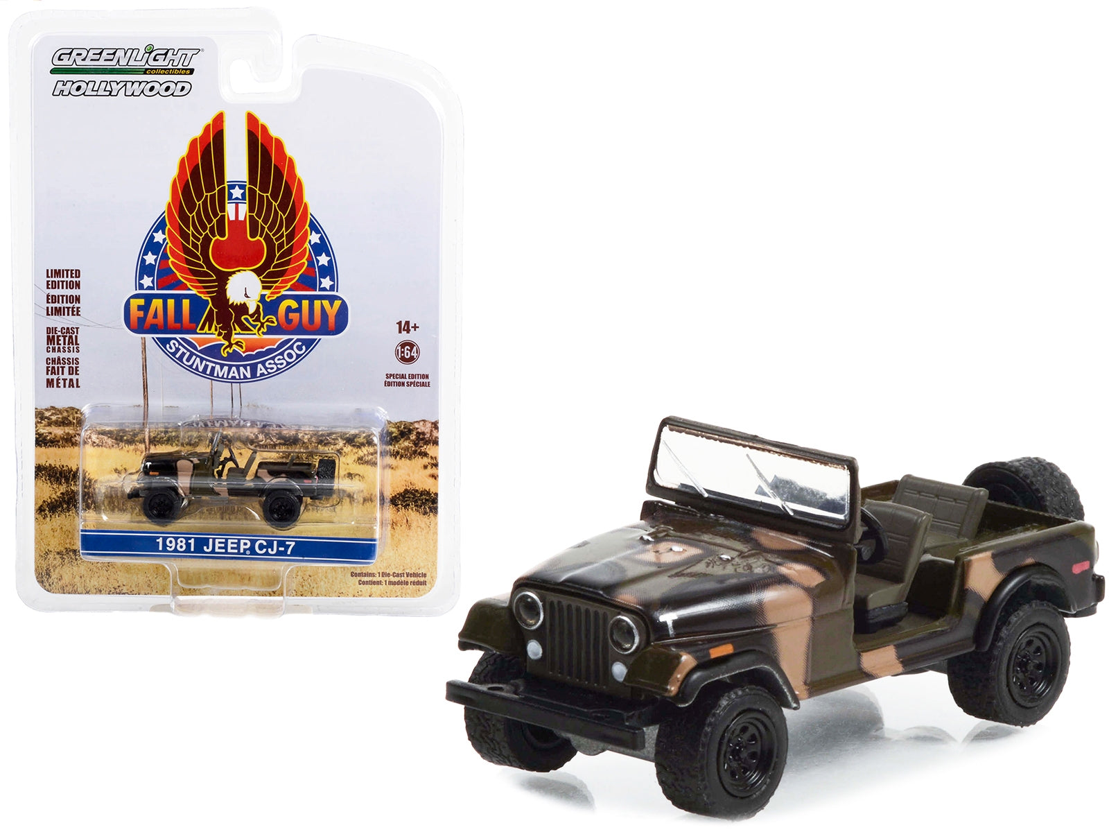 1981 Jeep CJ-7 Camouflage "Fall Guy Stuntman Association" Hollywood Special Edition 1/64 Diecast Model Car by Greenlight Greenlight