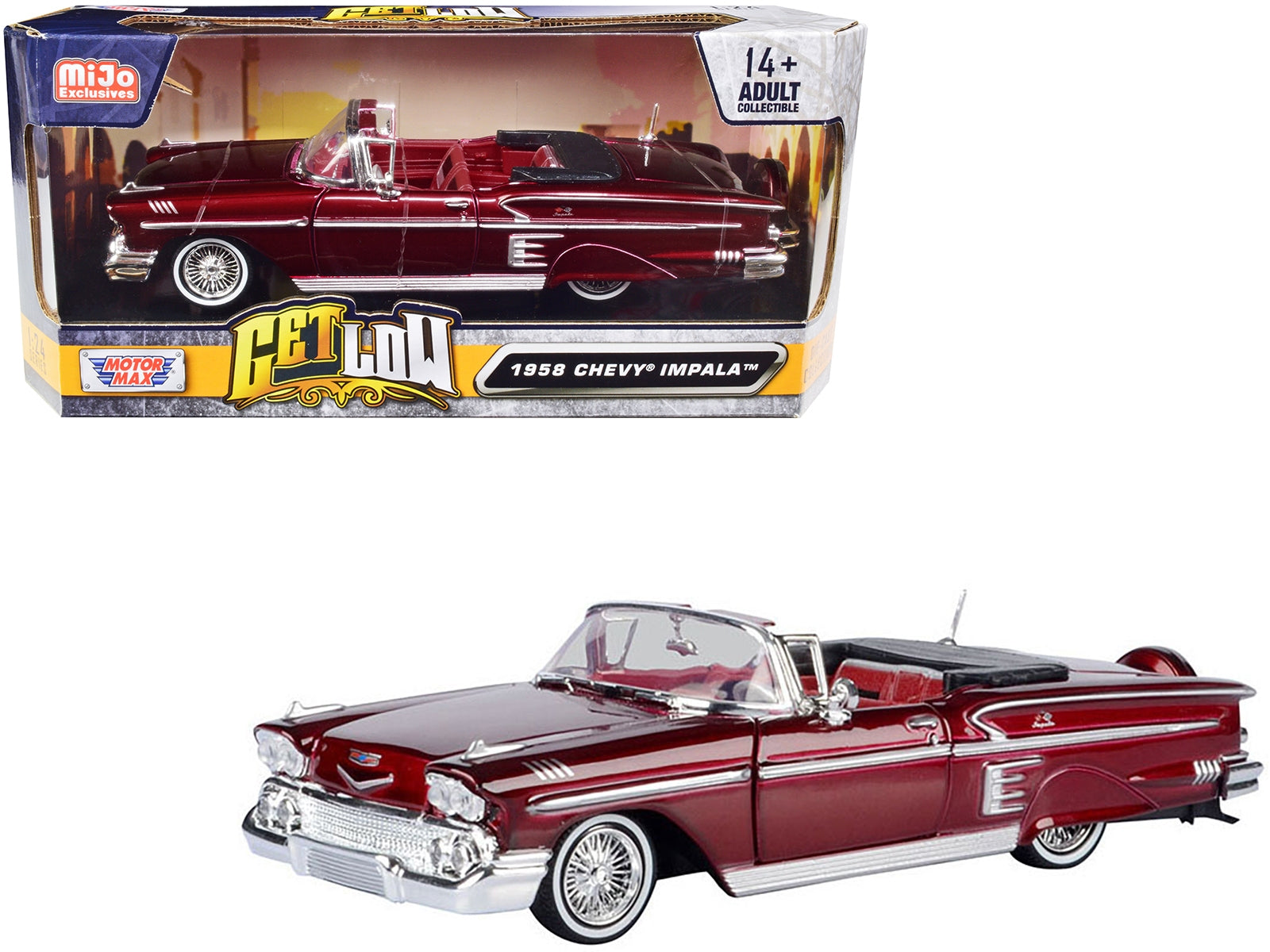 1958 Chevrolet Impala Convertible Lowrider Dark Red Metallic with Red Interior "Get Low" Series 1/24 Diecast Model Car by Motormax Motormax