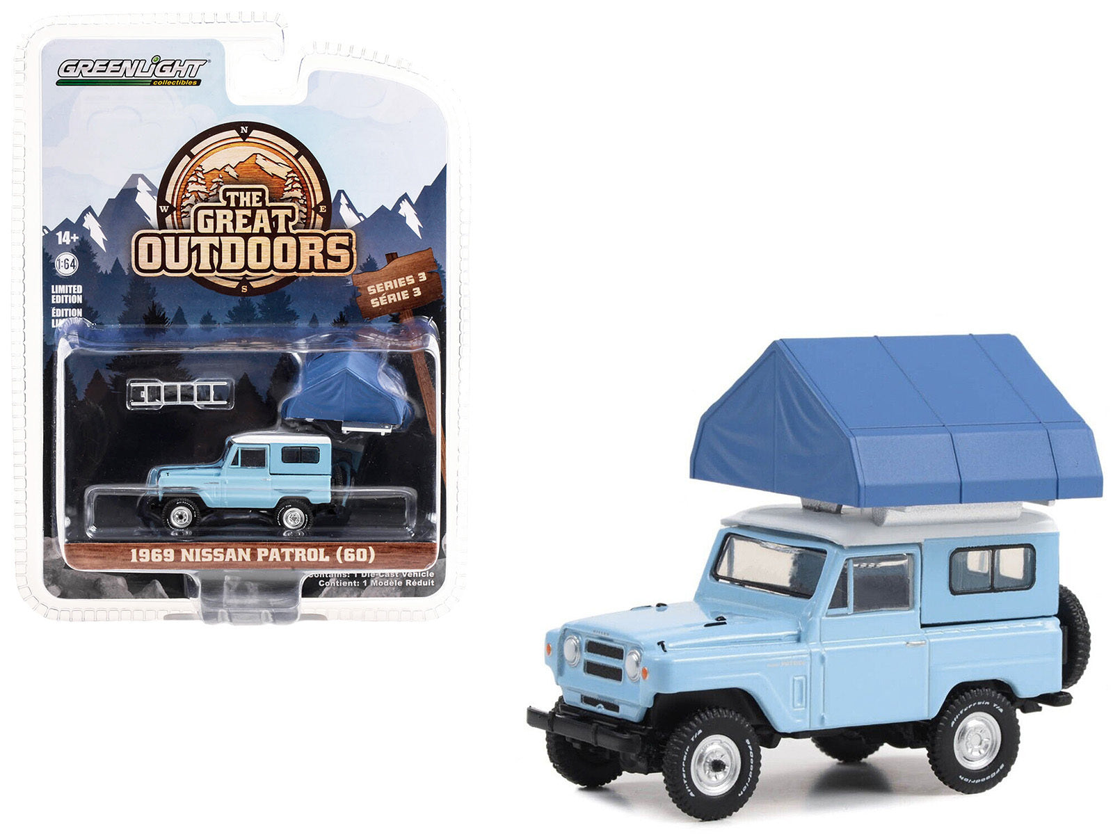 1969 Nissan Patrol (60) Light Blue with White Top and Camp'otel Cartop Sleeper Tent "The Great Outdoors" Series 3 1/64 Diecast Model Car by Greenlight Greenlight