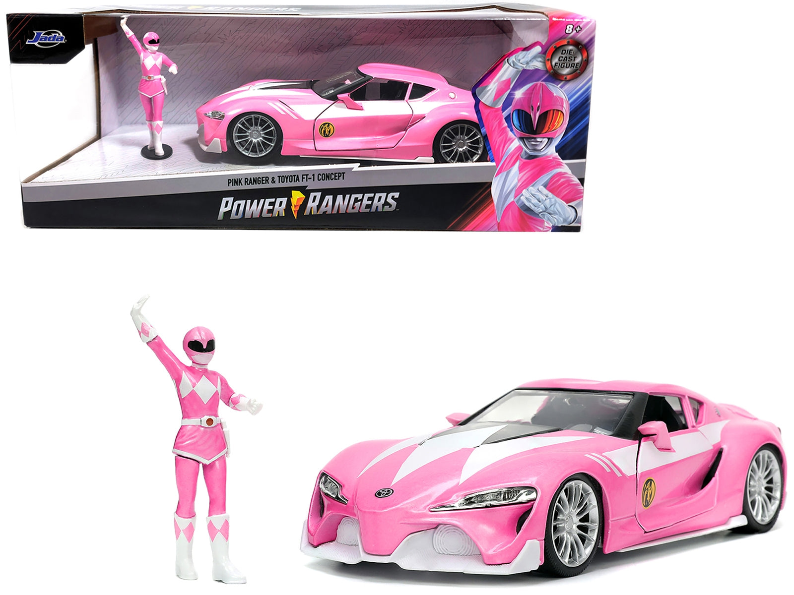 Toyota FT-1 Concept Pink Metallic and Pink Ranger Diecast Figurine "Power Rangers" "Hollywood Rides" Series 1/24 Diecast Model Car by Jada Jada