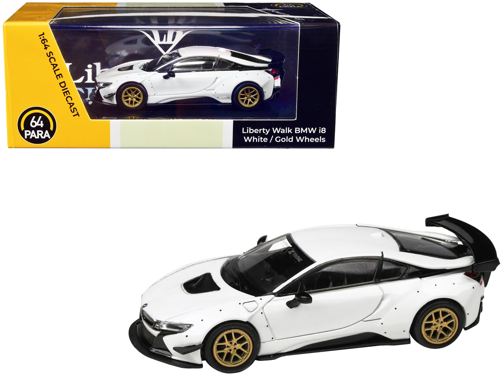 BMW i8 Liberty Walk White with Gold Wheels 1/64 Diecast Model Car by Paragon Models Paragon