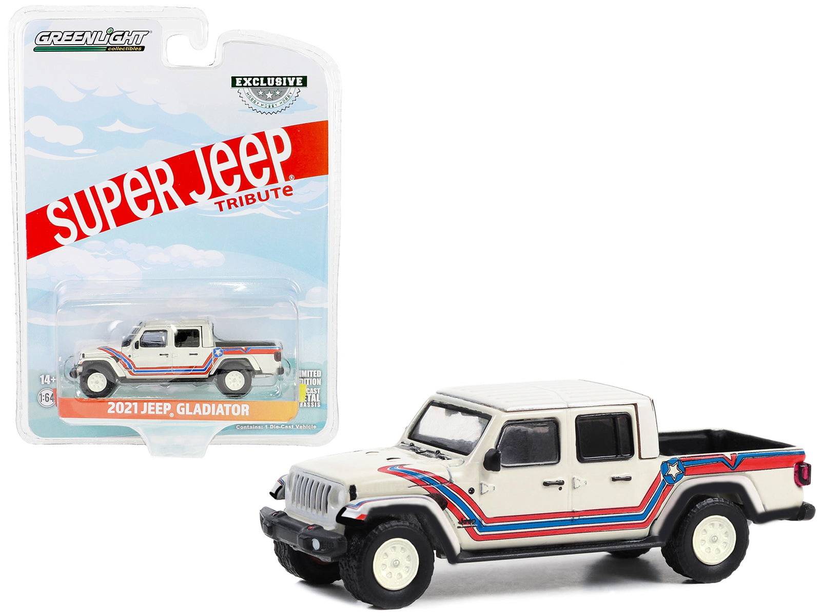 2021 Jeep Gladiator Pickup Truck "Super Jeep Tribute" White with Red and Blue Stripes "Hobby Exclusive" Series 1/64 Diecast Model Car by Greenlight Greenlight