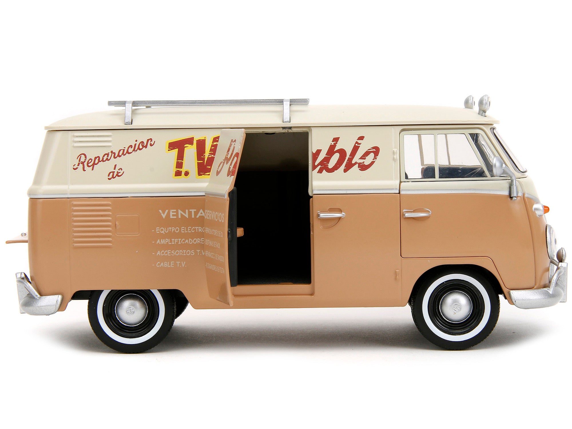 Volkswagen Bus "WheelJack" Tan and Beige "Frank's TV Repair" and Transformers Logo Diecast Statue "Transformers: Rise of the Beasts" (2023) Movie "Hollywood Rides" Series 1/24 Diecast Model Car by Jada Jada