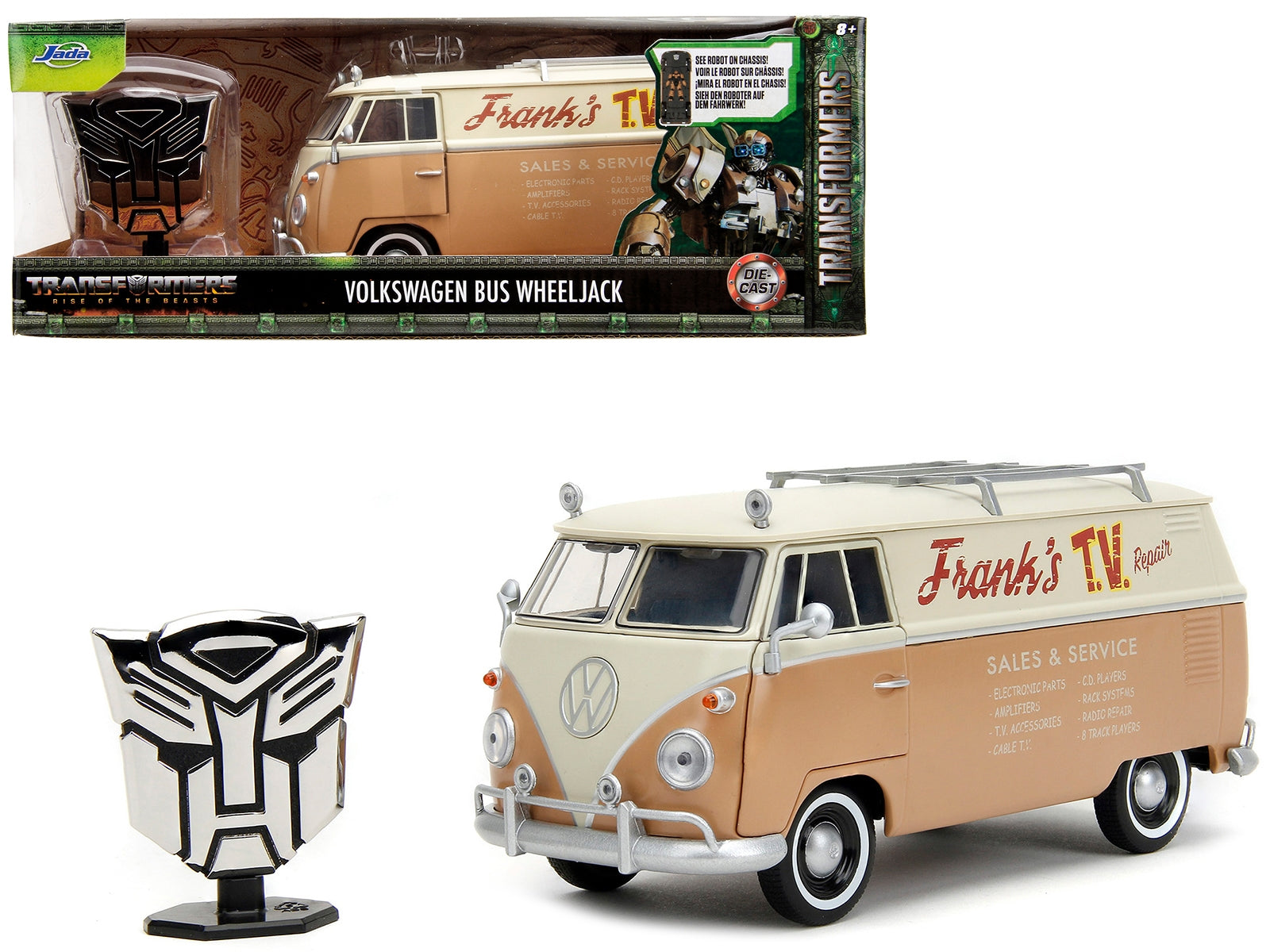 Volkswagen Bus "WheelJack" Tan and Beige "Frank's TV Repair" and Transformers Logo Diecast Statue "Transformers: Rise of the Beasts" (2023) Movie "Hollywood Rides" Series 1/24 Diecast Model Car by Jada Jada