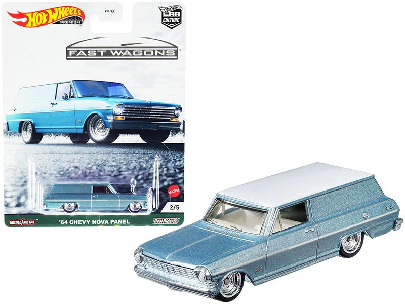 1964 Chevrolet Nova Panel Light Blue Metallic with White Top "Fast Wagons" Series Diecast Model Car by Hot Wheels Hotwheels