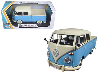 Volkswagen Type 2 (T1) Double Cab Pickup Truck Light Blue and Cream 1/24 Diecast Model Car by Motormax Motormax