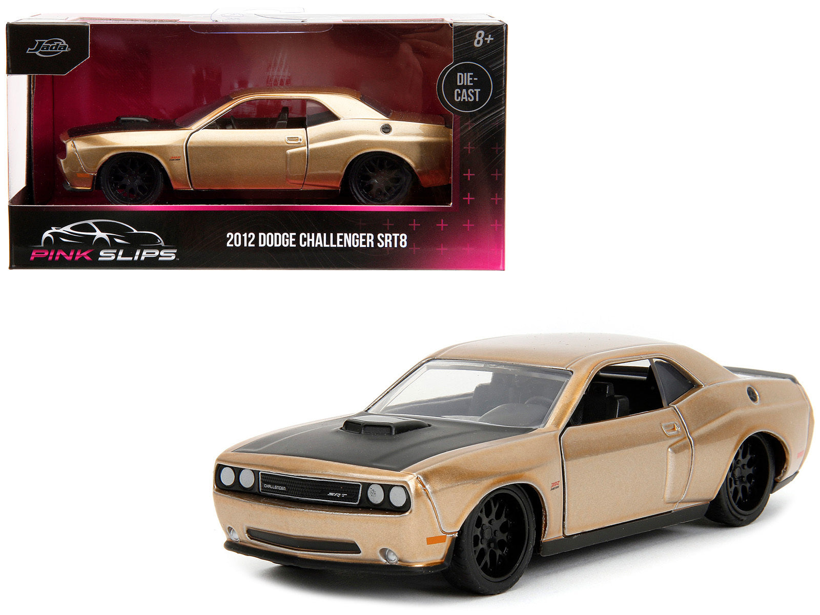 2012 Dodge Challenger SRT8 Gold Metallic with Black Hood "Pink Slips" Series 1/32 Diecast Model Car by Jada Jada