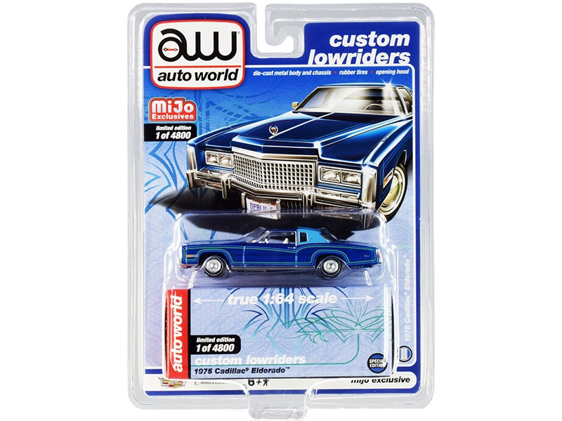 1975 Cadillac Eldorado Dark Blue Metallic with Light Blue (Partial) Vinyl Top "Custom Lowriders" Limited Edition to 4800 pieces Worldwide 1/64 Diecast Model Car by Auto World Autoworld