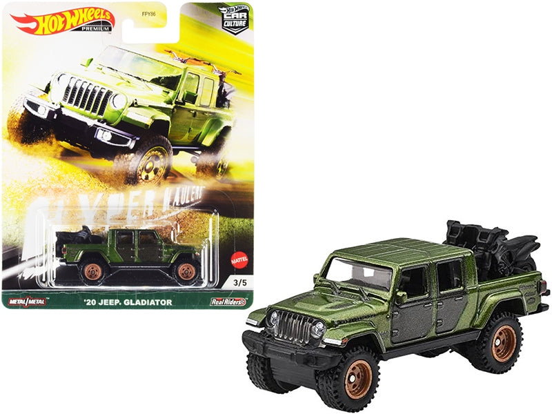 2020 Jeep Gladiator Rubicon Pickup Truck with Two Motorcycles Green Metallic and Gray "Hyper Haulers" Series Diecast Model Car by Hot Wheels Hotwheels