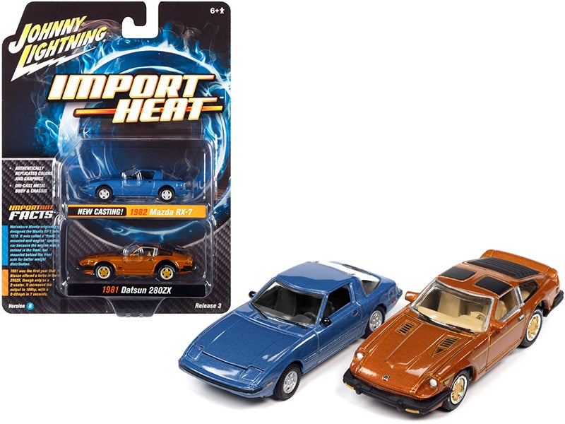 1982 Mazda RX-7 Blue Metallic and 1981 Datsun 280ZX Orange Mist Metallic "Import Heat" Set of 2 Cars 1/64 Diecast Model Cars by Johnny Lightning Johnny Lightning