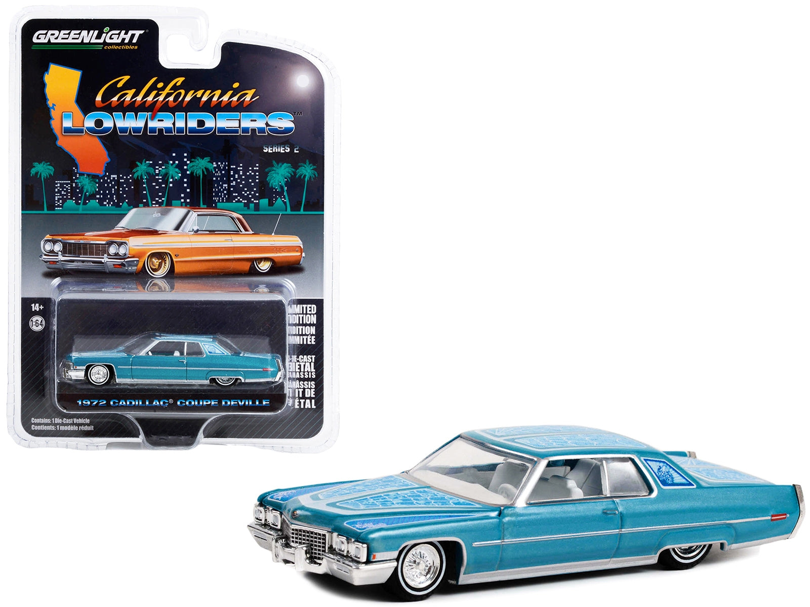 1972 Cadillac Coupe DeVille Custom Light Blue Metallic with White Interior and Graphics "California Lowriders" Series 2 1/64 Diecast Model Car by Greenlight Greenlight