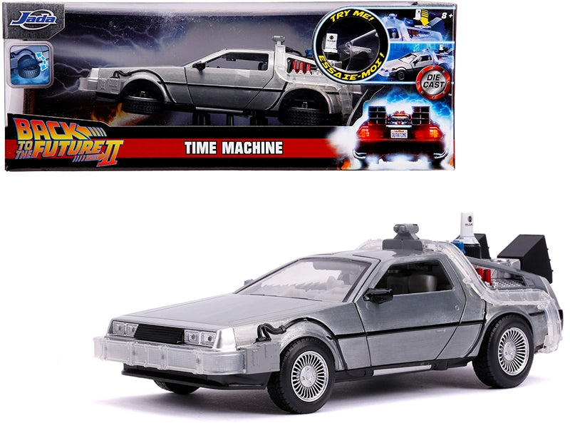 DeLorean Brushed Metal Time Machine with Lights (Flying Version) "Back to the Future Part II" (1989) Movie "Hollywood Rides" Series 1/24 Diecast Model Car by Jada Jada