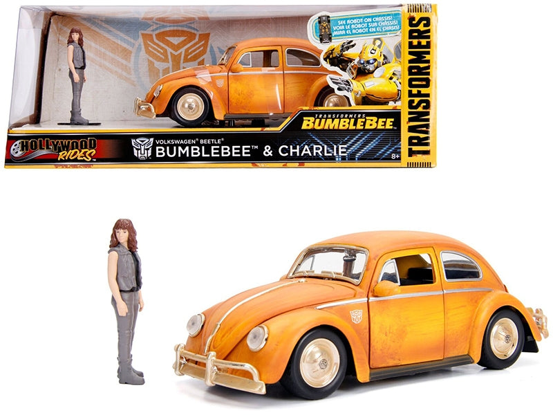 Volkswagen Beetle Weathered Yellow with Robot on Chassis and Charlie Diecast Figurine "Bumblebee" (2018) Movie ("Transformers" Series) "Hollywood Rides" Series 1/24 Diecast Model Car by Jada Jada