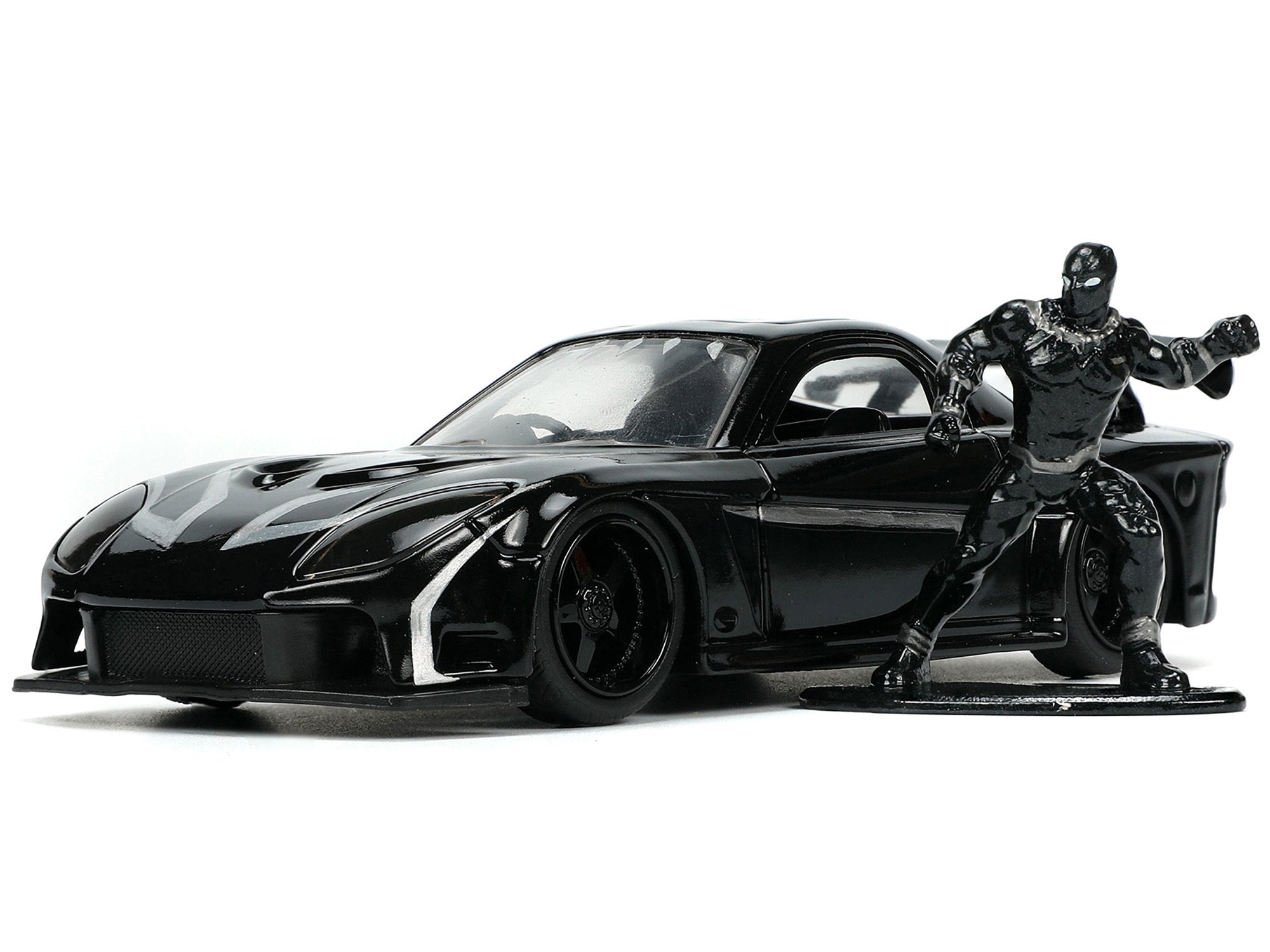 1995 Mazda RX-7 RHD (Right Hand Drive) Black and Black Panther Diecast Figure "The Avengers" "Hollywood Rides" Series 1/32 Diecast Model Car by Jada Jada