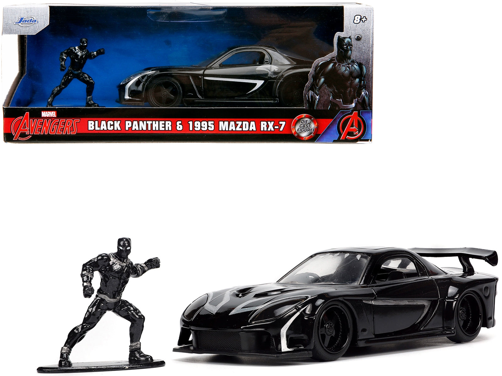 1995 Mazda RX-7 RHD (Right Hand Drive) Black and Black Panther Diecast Figure "The Avengers" "Hollywood Rides" Series 1/32 Diecast Model Car by Jada Jada