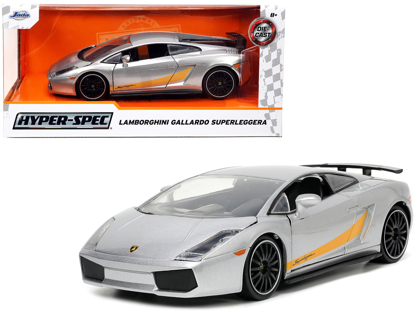 Lamborghini Gallardo Superleggera Silver Metallic with Yellow Stripes "Hyper-Spec" Series 1/24 Diecast Model Car by Jada Jada