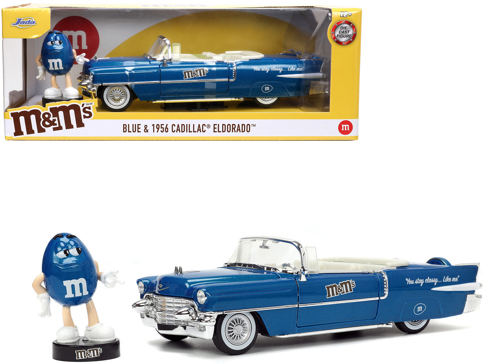 1956 Cadillac Eldorado Convertible Blue Metallic with Cream Interior "Stay Classy" and Blue M&M Diecast Figure "M&M's" "Hollywood Rides" Series 1/24 Diecast Model Car by Jada Jada