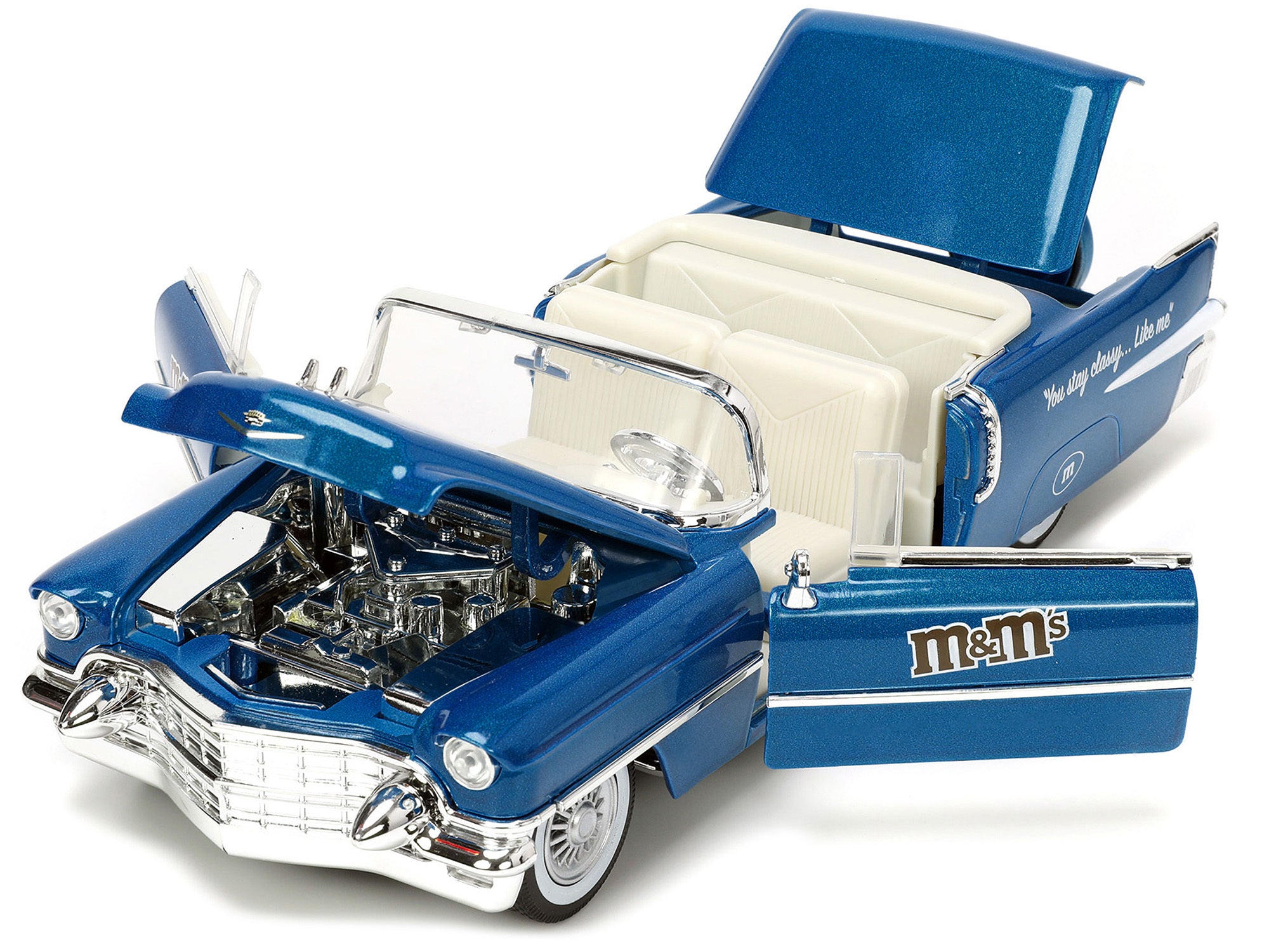 1956 Cadillac Eldorado Convertible Blue Metallic with Cream Interior "Stay Classy" and Blue M&M Diecast Figure "M&M's" "Hollywood Rides" Series 1/24 Diecast Model Car by Jada Jada