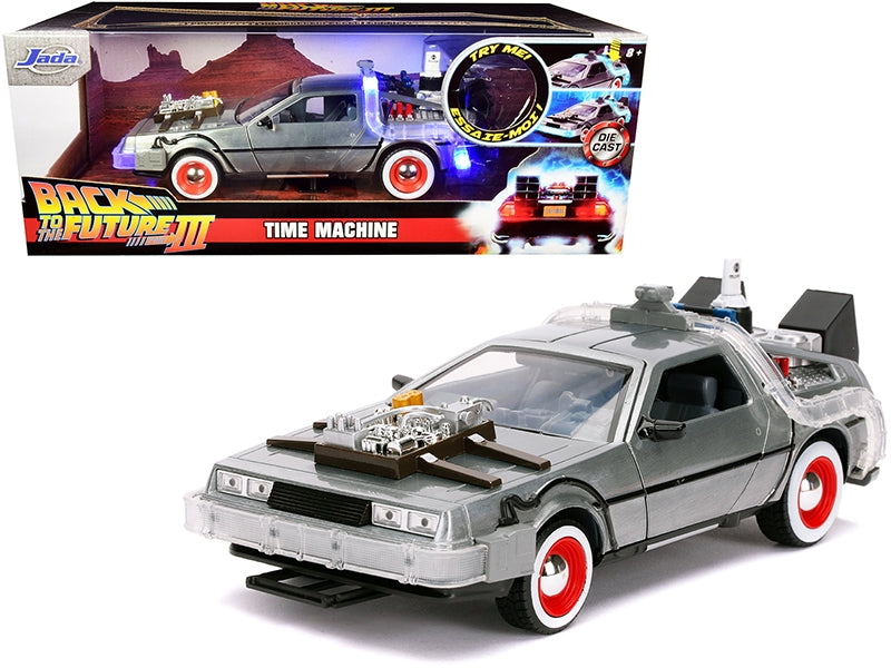 DeLorean Brushed Metal Time Machine with Lights "Back to the Future Part III" (1990) Movie "Hollywood Rides" Series 1/24 Diecast Model Car by Jada Jada