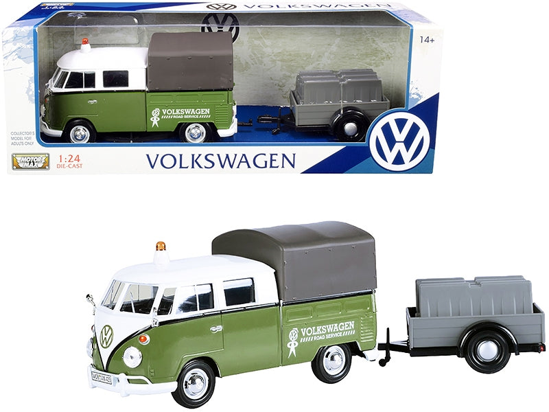 Volkswagen T1 Pickup with Canopy Green and White with Trailer "Road Service" 1/24 Diecast Model Car by Motormax Motormax