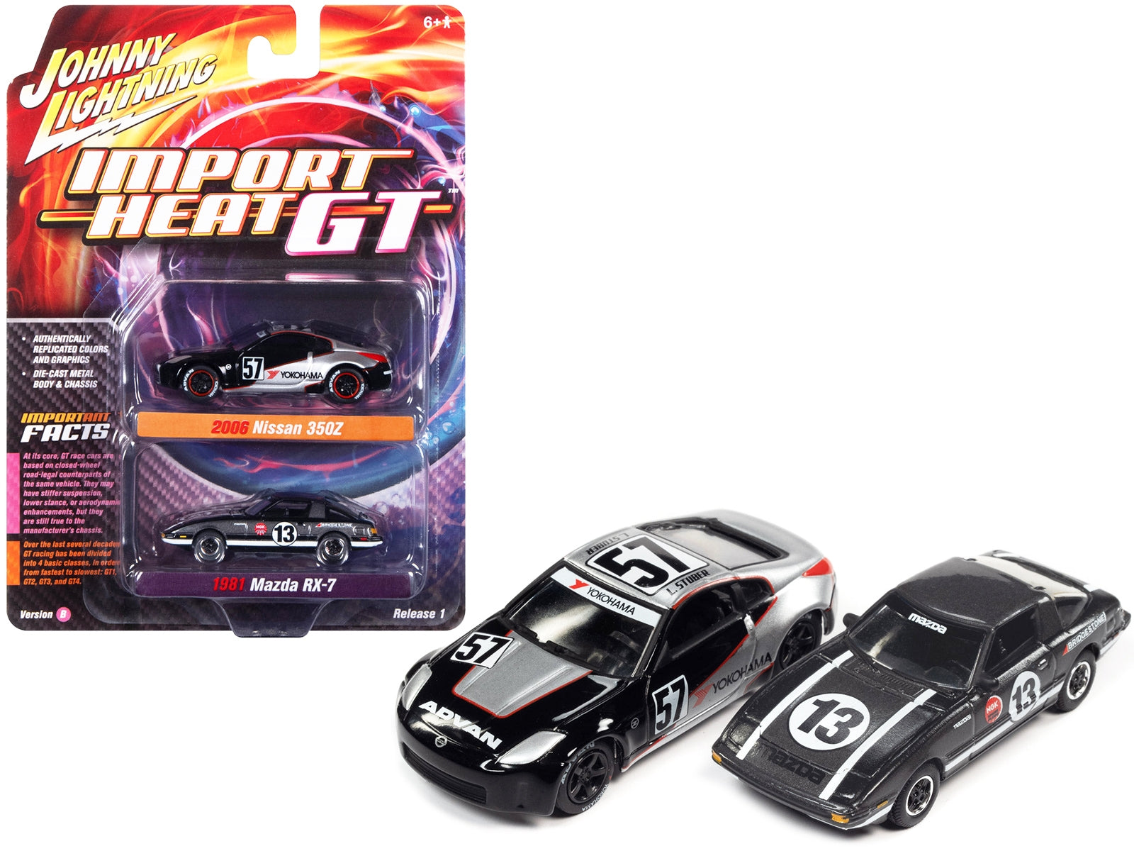 2006 Nissan 350Z #57 Black and Silver with Graphics and 1981 Mazda RX-7 #13 Dark Silver with Stripes "Import Heat GT" Set of 2 Cars 1/64 Diecast Model Cars by Johnny Lightning Johnny Lightning