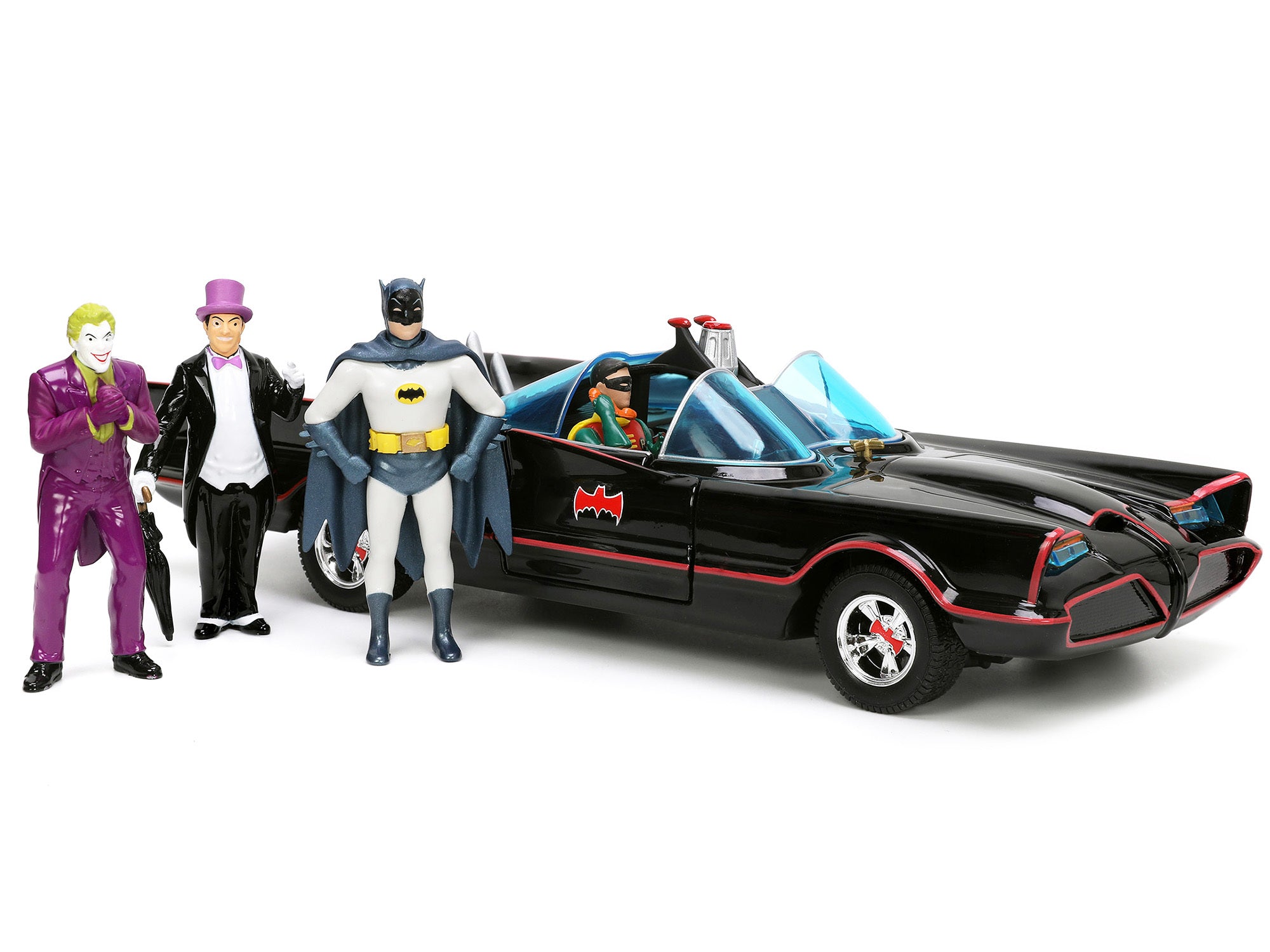 1966 Classic Batmobile with Diecast Batman The Joker The Penguin and Plastic Robin Sitting Inside The Car "Batman" TV Series (1966) "Hollywood Rides" Series 1/24 Diecast Model Car by Jada Jada