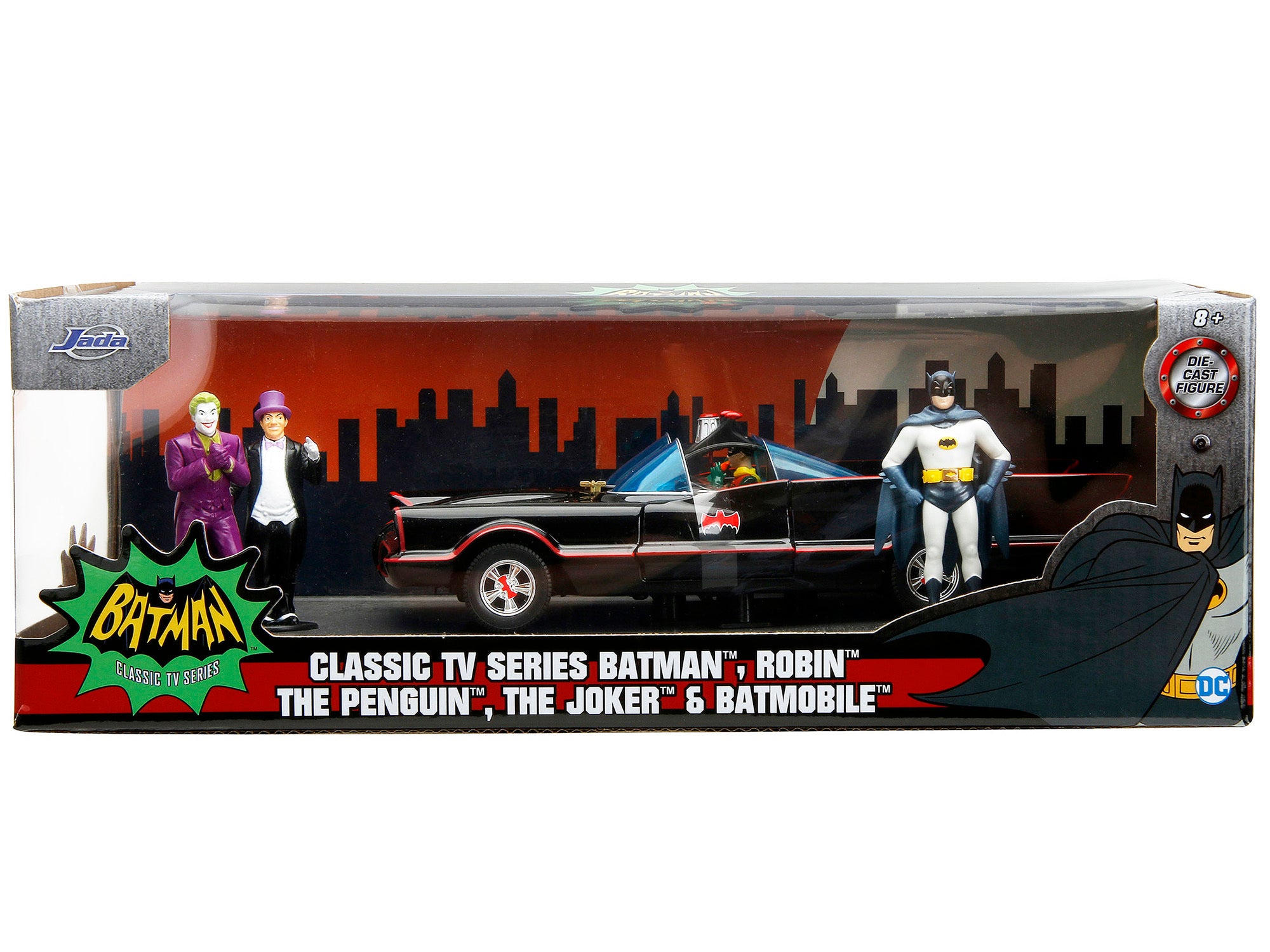 1966 Classic Batmobile with Diecast Batman The Joker The Penguin and Plastic Robin Sitting Inside The Car "Batman" TV Series (1966) "Hollywood Rides" Series 1/24 Diecast Model Car by Jada Jada