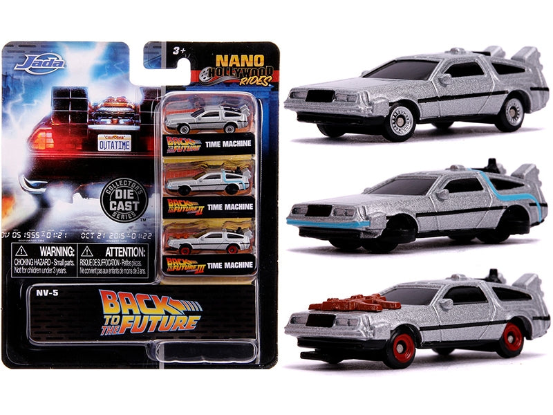 "Back to the Future" Time Machine 3 piece Set "Nano Hollywood Rides" Diecast Model Cars by Jada Jada