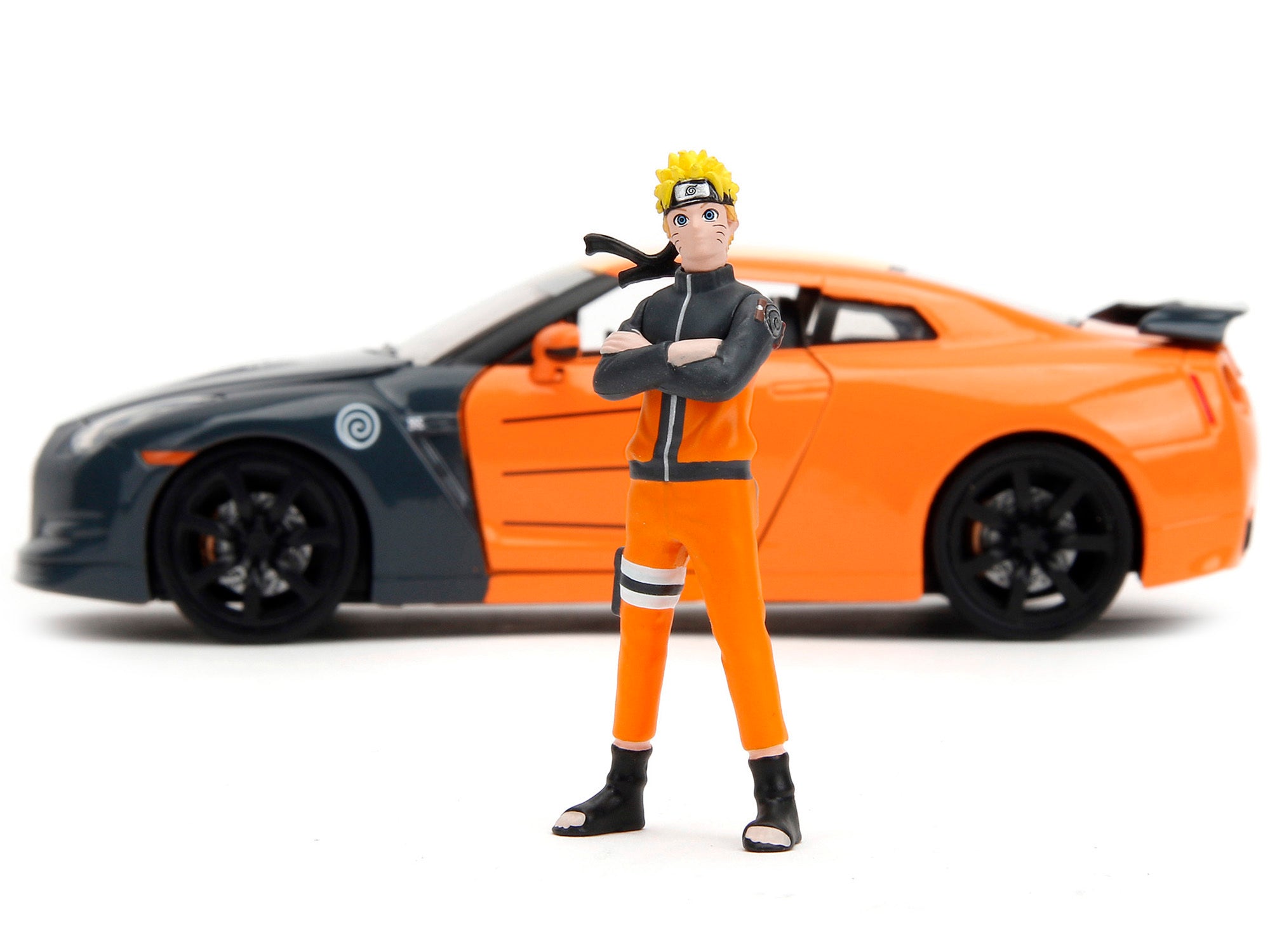 2009 Nissan GT-R (R35) Orange and Dark Gray with Yellow Top and Graphics and Naruto Diecast Figure "Naruto Shippuden" (2009-2017) TV Series "Anime Hollywood Rides" Series 1/24 Diecast Model Car by Jada Jada