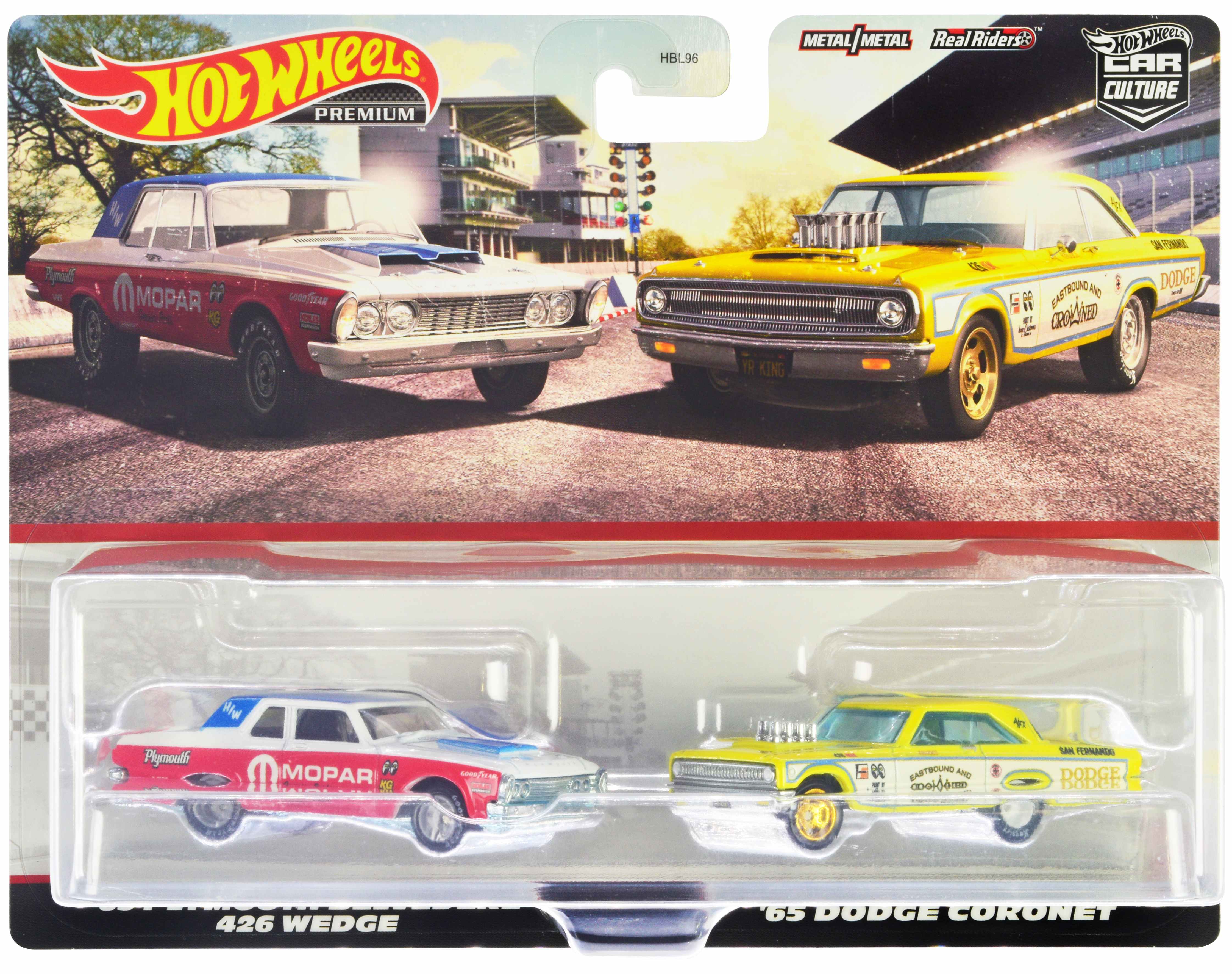 1963 Plymouth Belvedere 426 Wedge "MOPAR" White and Red with Blue Top and 1965 Dodge Coronet "Eastbound and Crowned" Yellow and White "Car Culture" Set of 2 Cars Diecast Model Cars by Hot Wheels Hotwheels