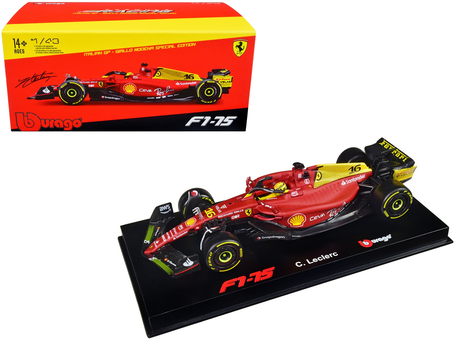 Ferrari F1-75 #16 Charles Leclerc "Giallo Modena" 2nd Place Formula One F1 Italian GP (2022) "Formula Racing" Series with Display Case 1/43 Diecast Model Car by Bburago Bburago