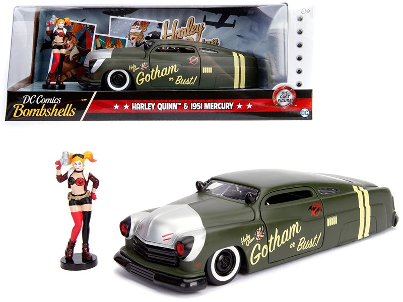 1951 Mercury Matt Green with Harley Quinn Diecast Figurine "DC Comics Bombshells" Series 1/24 Diecast Model Car by Jada Jada