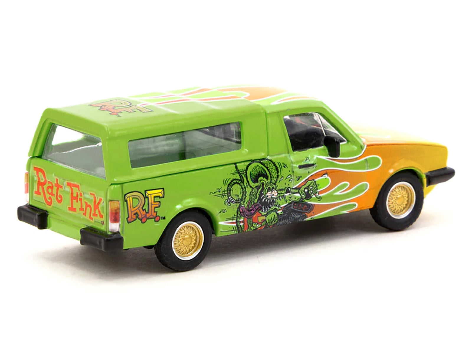 Volkswagen Caddy Pickup Truck with Camper Shell Green with Flames and Graphics "Rat Fink" "Collab64" Series 1/64 Diecast Model Car by Schuco & Tarmac Works Schuco