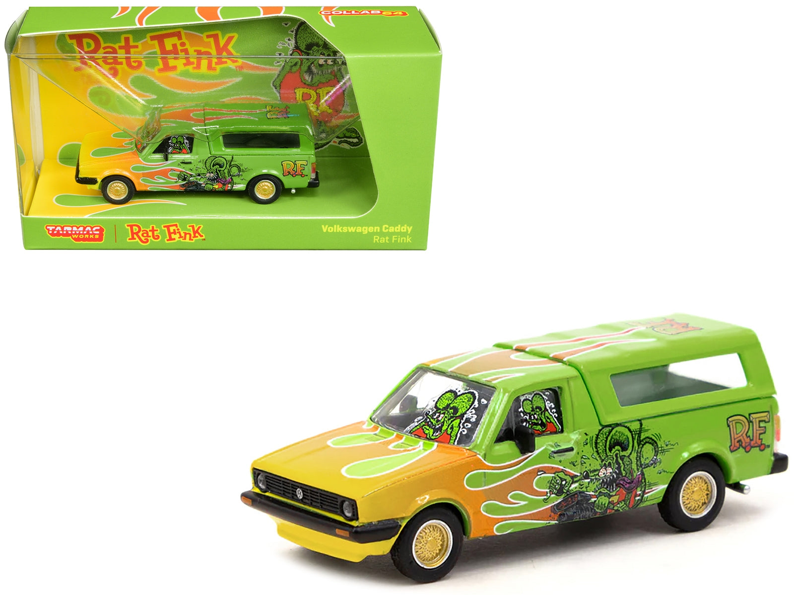 Volkswagen Caddy Pickup Truck with Camper Shell Green with Flames and Graphics "Rat Fink" "Collab64" Series 1/64 Diecast Model Car by Schuco & Tarmac Works Schuco