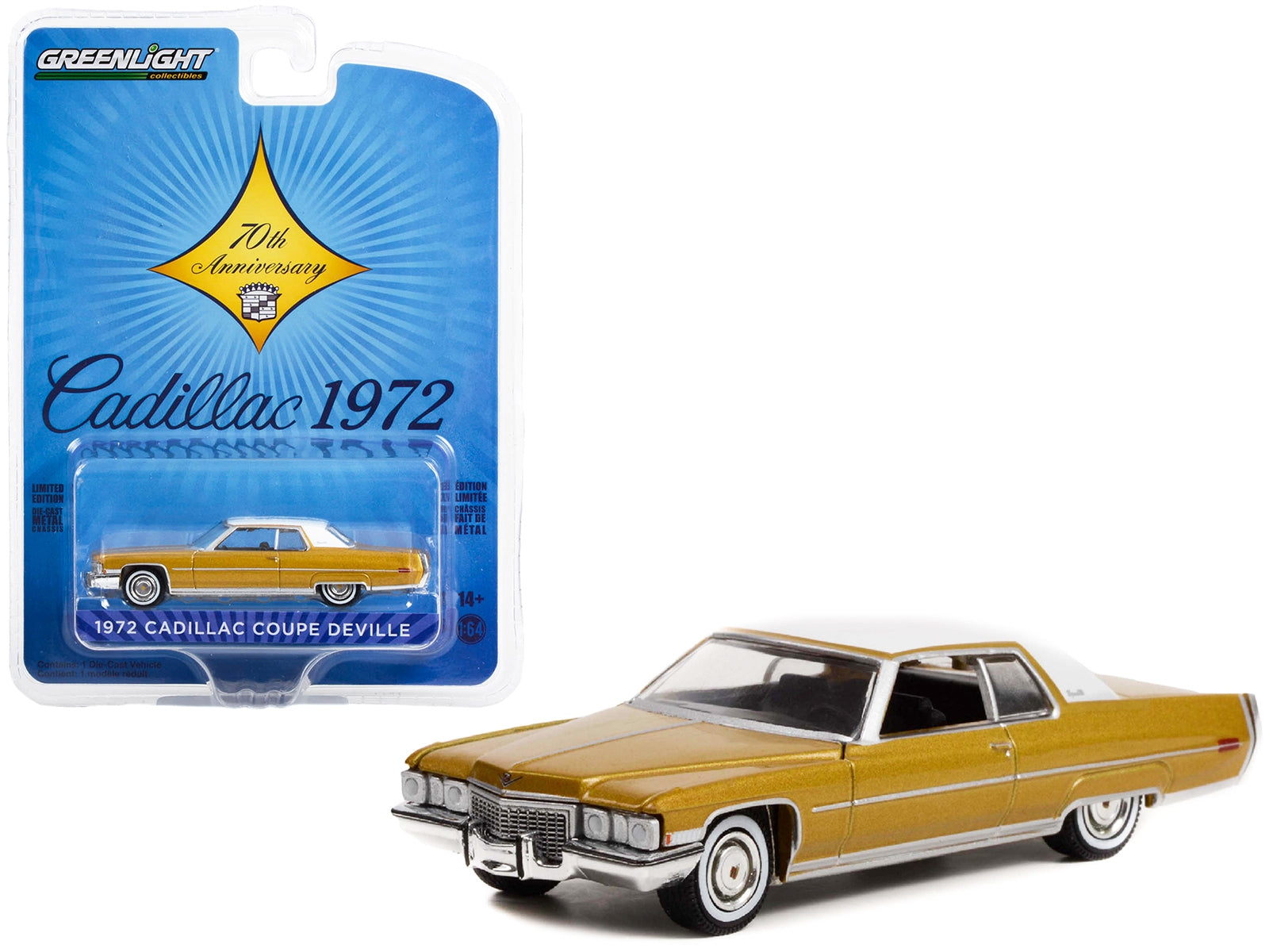 1972 Cadillac Coupe DeVille Gold Metallic with White Top "Cadillac 70th Anniversary" "Anniversary Collection" Series 14 1/64 Diecast Model Car by Greenlight Greenlight