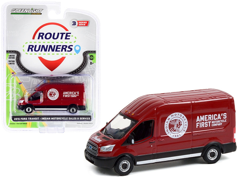 2015 Ford Transit LWB High Roof Van Burgundy "Indian Motorcycle Sales & Service" "Route Runners" Series 3 1/64 Diecast Model by Greenlight Greenlight