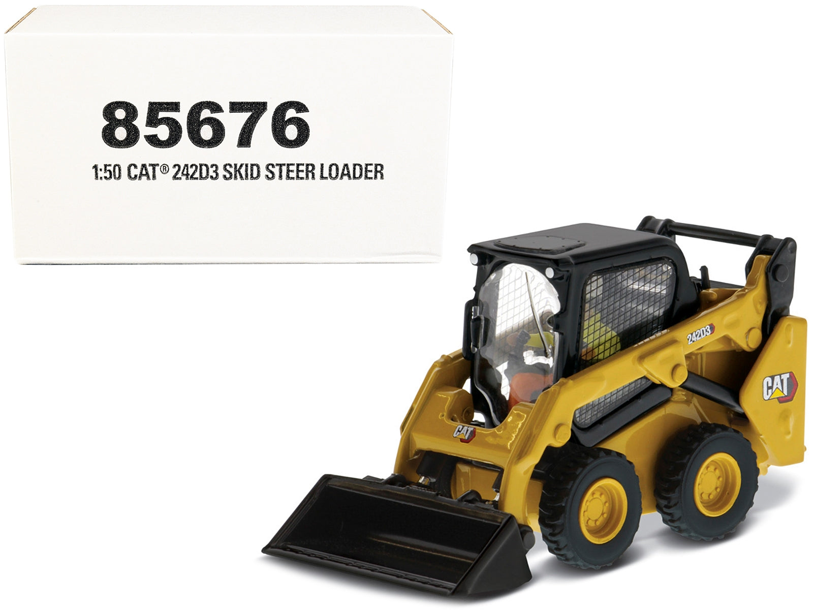 CAT Caterpillar 242D3 Wheeled Skid Steer Loader with Work Tools and Operator Yellow "High Line Series" 1/50 Diecast Model by Diecast Masters Diecast Masters