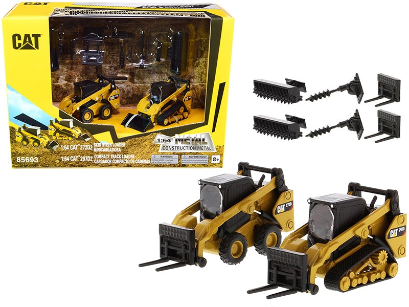 Set of 2 pieces CAT Caterpillar 272D2 Skid Steer Loader and CAT Caterpillar 297D2 Compact Track Loader with Accessories 1/64 Diecast Models by Diecast Masters Diecast Masters