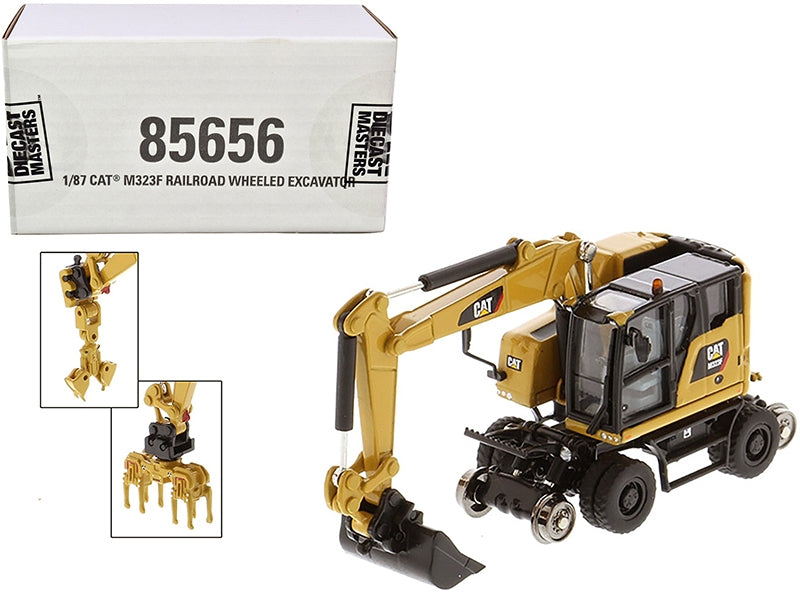 CAT Caterpillar M323F Railroad Wheeled Excavator with 3 Accessories (CAT Yellow Version) "High Line" Series 1/87 (HO) Scale Diecast Model by Diecast Masters Diecast Masters