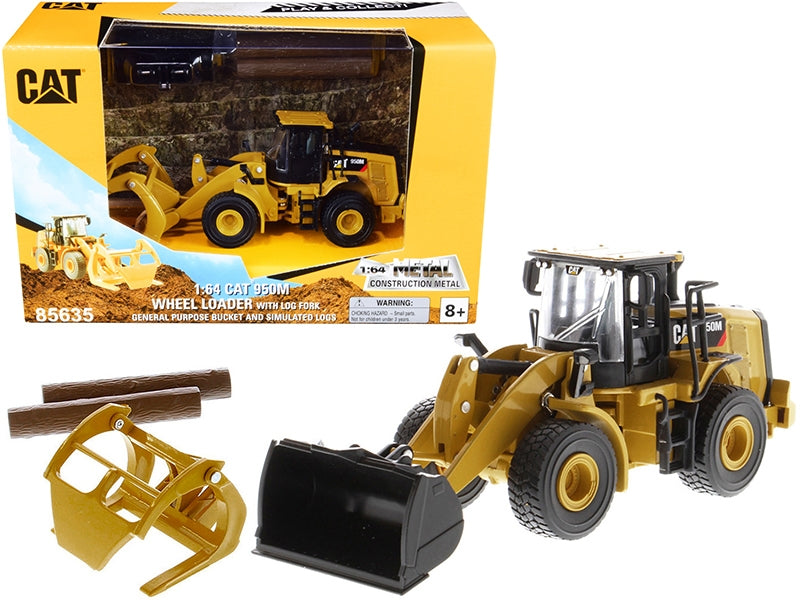 CAT Caterpillar 950M Wheel Loader with Bucket and Log Fork with Two Log Poles "Play & Collect!" 1/64 Diecast Model by Diecast Masters Diecast Masters