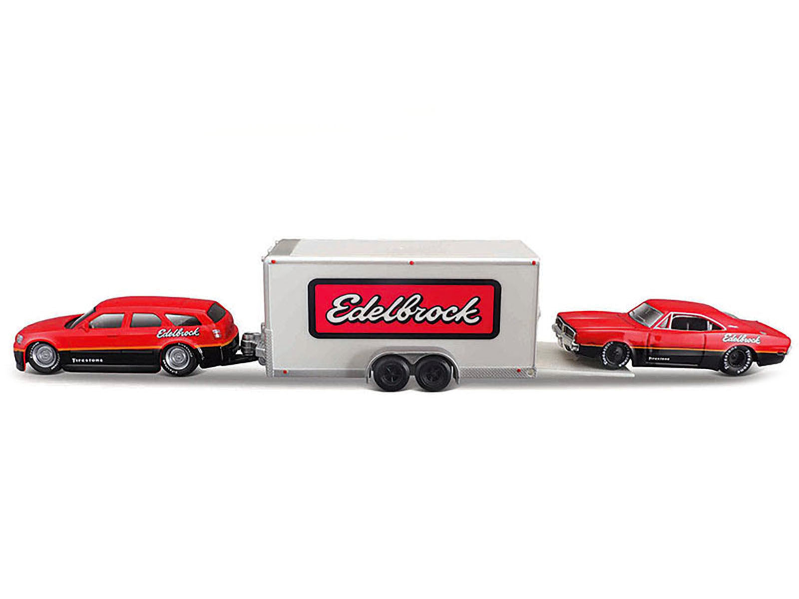 2006 Dodge Magnum R/T Red and Black and 1969 Dodge Charger R/T Red and Black with Enclosed Car Trailer "Edelbrock" "Team Haulers" Series 1/64 Diecast Model Car by Maisto Maisto