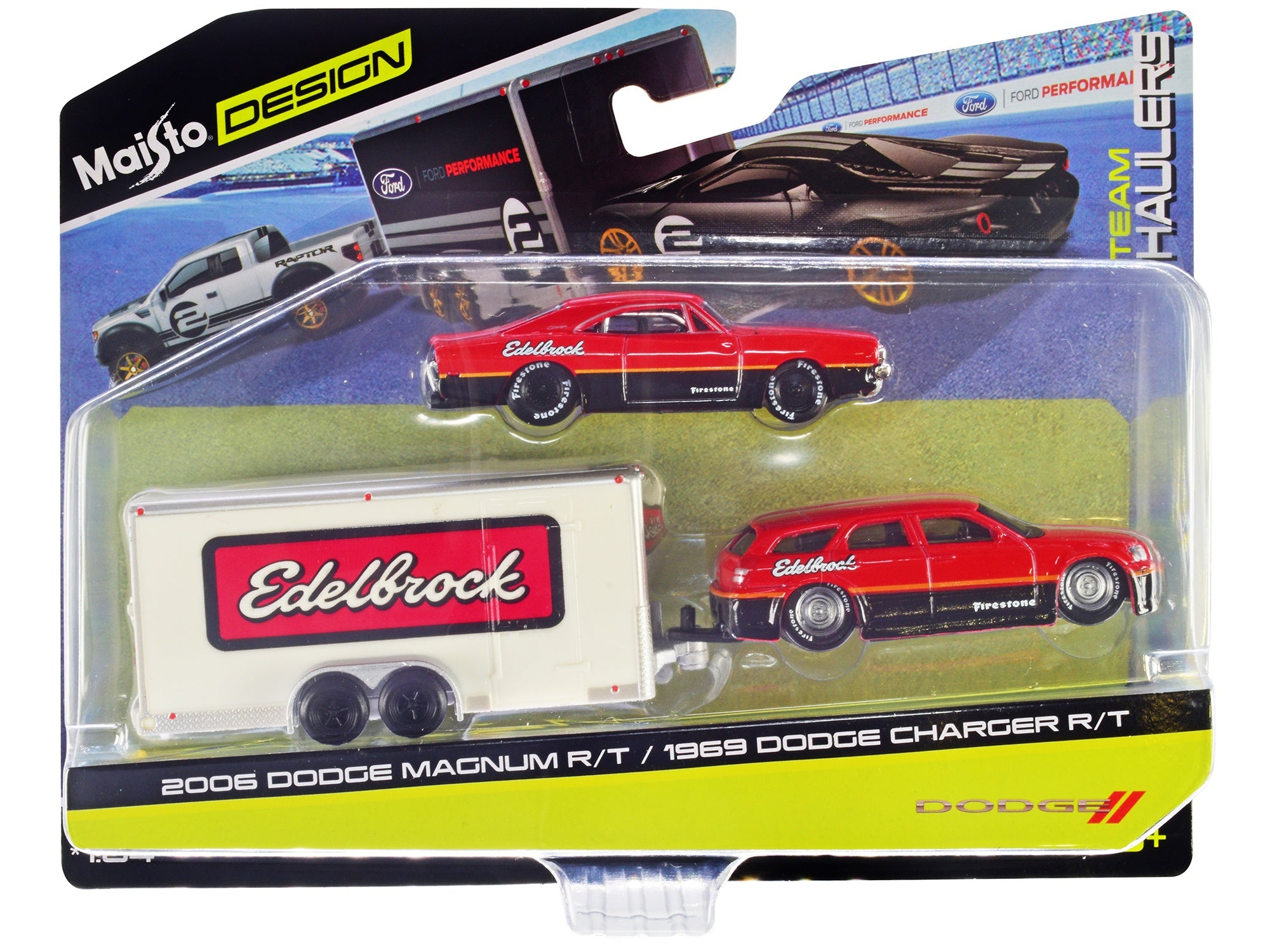 2006 Dodge Magnum R/T Red and Black and 1969 Dodge Charger R/T Red and Black with Enclosed Car Trailer "Edelbrock" "Team Haulers" Series 1/64 Diecast Model Car by Maisto Maisto