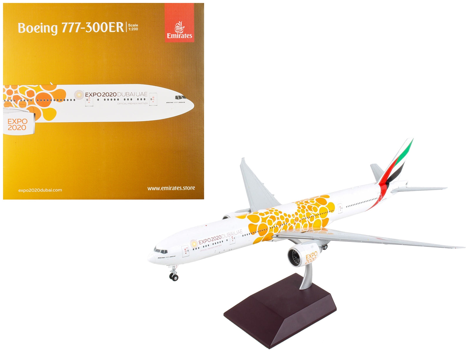 Boeing 777-300ER Commercial Aircraft "Emirates Airlines - Dubai Expo 2020" White with Orange Graphics "Gemini 200" Series 1/200 Diecast Model Airplane by GeminiJets GeminiJets