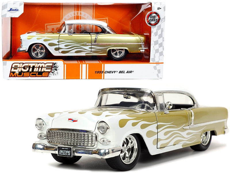 1955 Chevrolet Bel Air White and Gold with Flames "Bigtime Muscle" Series 1/24 Diecast Model Car by Jada Jada